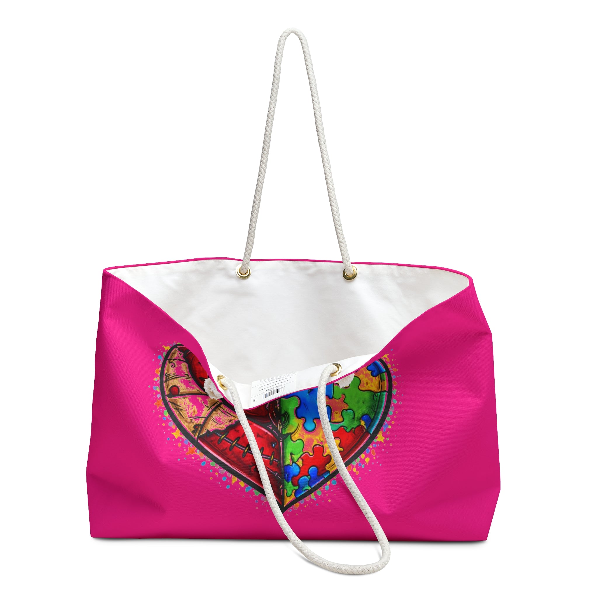 Autism Awareness Heart Weekender Bag – Puzzle Crown Pink Travel Tote