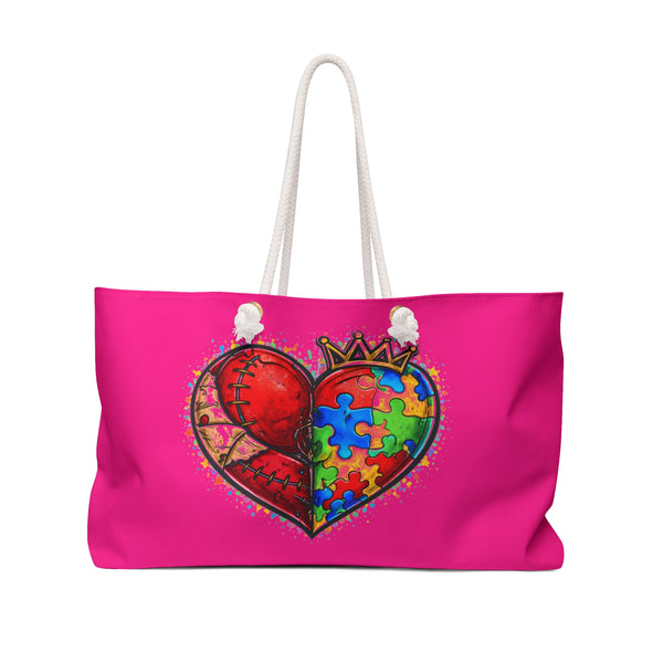 Autism Awareness Heart Weekender Bag – Puzzle Crown Pink Travel Tote